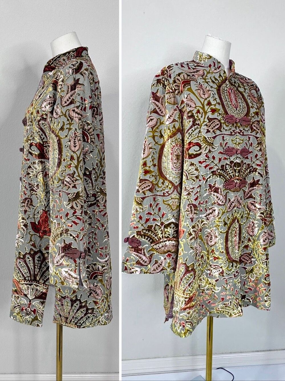 Soft Surroundings Velvet Burnout Long Jacket L Chinoiserie Frog Closure Boho Lux - Picture 7 of 16